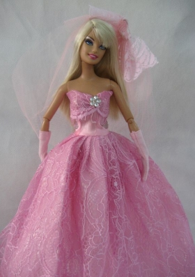 Strapless Rose Pink Lace Wedding Dress For Barbie Doll