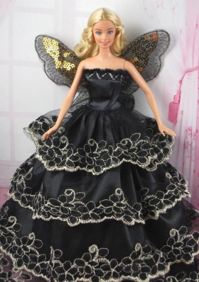 Black Strapless Barbie Doll Dress with Ruffled Layers