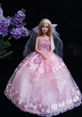Lace Baby Pink Strapless Wedding Dress for Barbie