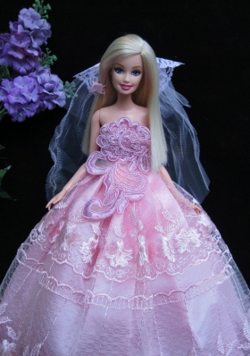 Lace Baby Pink Strapless Wedding Dress for Barbie