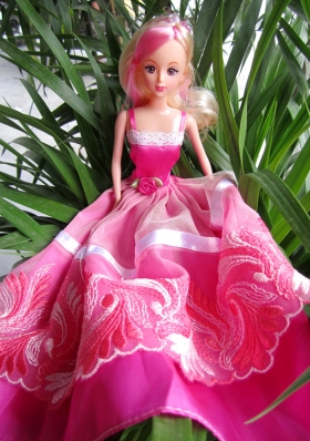 Hot Pink Barbie Doll With Hand Made Flowers and Embroidery
