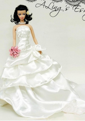 Wedding Dress For Barbie Doll with Ruffles and Brush Train