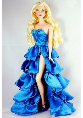 Blue Party Dress with Ruffles and High Slit For Barbie Doll