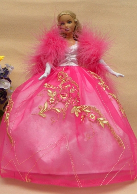 Feather Rose Pink Embroidery Barbie Dress Up Dolls