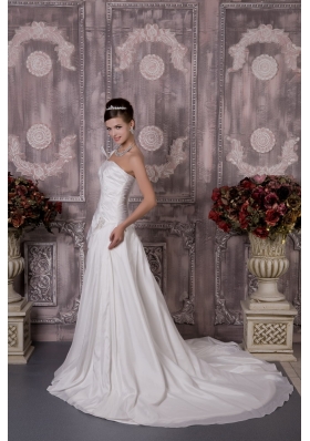 A-line One Shoulder Court Train Taffeta Appliques Wedding Dress