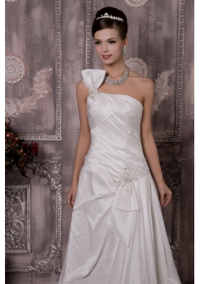 A-line One Shoulder Court Train Taffeta Appliques Wedding Dress