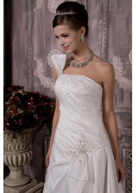 A-line One Shoulder Court Train Taffeta Appliques Wedding Dress