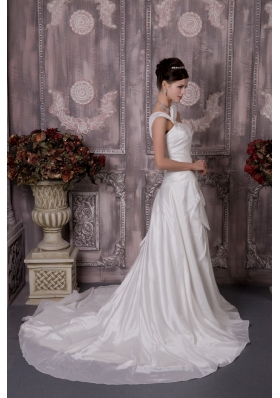 A-line One Shoulder Court Train Taffeta Appliques Wedding Dress