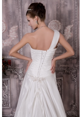 A-line One Shoulder Court Train Taffeta Appliques Wedding Dress