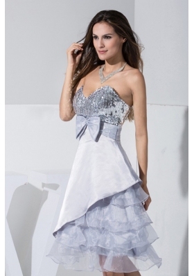 Sweetheart Grey Tea-length Prom Dress with Sequin and Bowknot