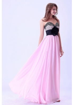 Sweetheart Handle Flower Pink and Black Beaded Prom Dress