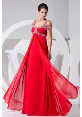 Red Chiffon Straps 2013 Prom Dress with Beading