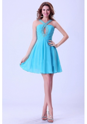 Beaded Aqua Blue V-neck Prom Dress Mini-length
