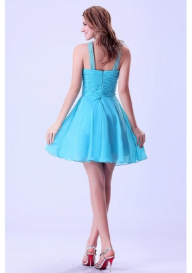 Beaded Aqua Blue V-neck Prom Dress Mini-length