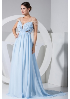 Light Blue Chiffon Brush Train Prom Dress with High Slit