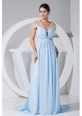 Light Blue Chiffon Brush Train Prom Dress with High Slit