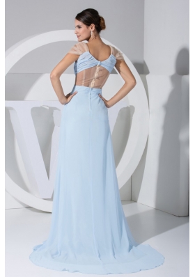 Light Blue Chiffon Brush Train Prom Dress with High Slit