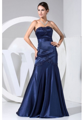 Beaded Navy Blue Strapless Prom Dress with Appliques