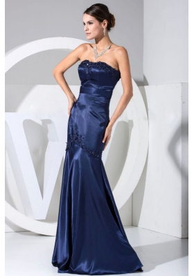 Beaded Navy Blue Strapless Prom Dress with Appliques