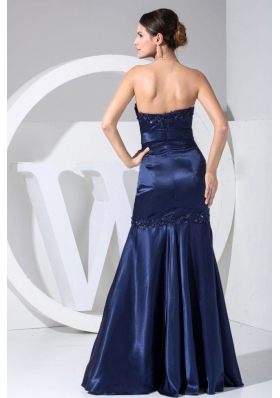 Beaded Navy Blue Strapless Prom Dress with Appliques