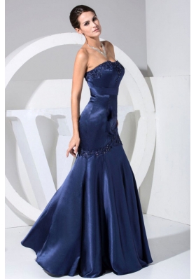 Beaded Navy Blue Strapless Prom Dress with Appliques