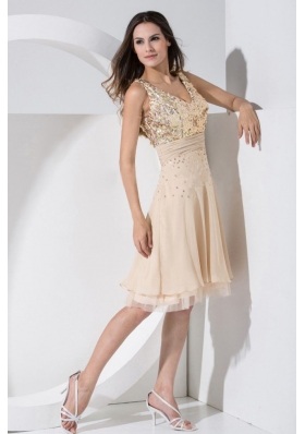 Champagne Prom Dress Sequins Knee-length Chiffon V-neck