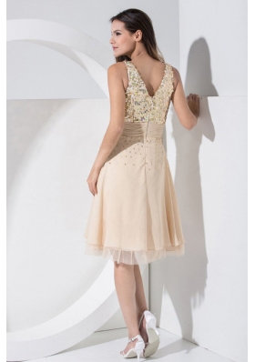 Champagne Prom Dress Sequins Knee-length Chiffon V-neck