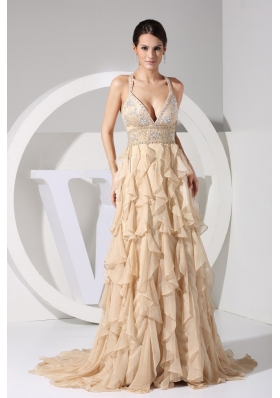 Champagne Straps Brush Train Prom Dress Embroidery and Ruffles