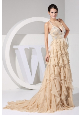 Champagne Straps Brush Train Prom Dress Embroidery and Ruffles