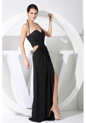 High Slit Halter Black Chiffon Floor-length 2013 Prom Dress