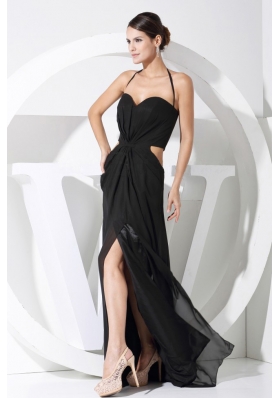 High Slit Halter Black Chiffon Floor-length 2013 Prom Dress