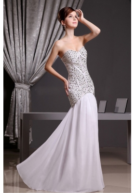 White Mermaid Beaded Prom Evening Dress Floor-length