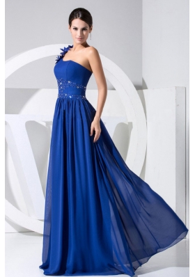 One Shoulder Beading Blue Chiffon Prom Dress Handle Flowers