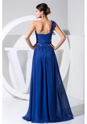 One Shoulder Beading Blue Chiffon Prom Dress Handle Flowers