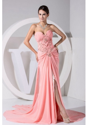 High Slit Pink Sweetheart Beading and Ruch Brush Train Prom Dress