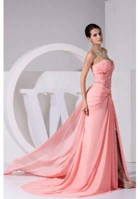 High Slit Pink Sweetheart Beading and Ruch Brush Train Prom Dress