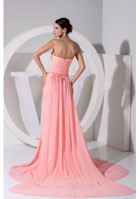 High Slit Pink Sweetheart Beading and Ruch Brush Train Prom Dress