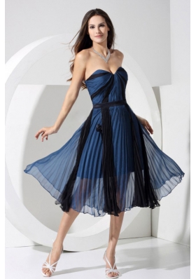 Pleat Blue and Black Sweetheart Tea-length Prom Dress