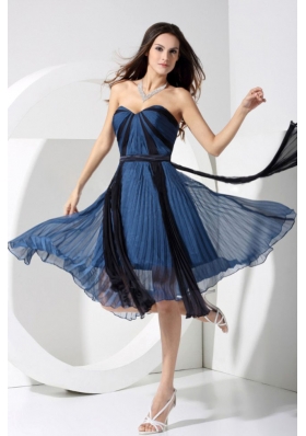 Pleat Blue and Black Sweetheart Tea-length Prom Dress