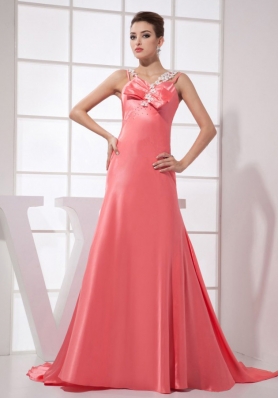 Watermelon Red Brush Train Straps 2013 Prom Dress with Beading