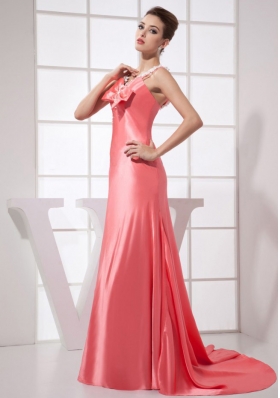 Watermelon Red Brush Train Straps 2013 Prom Dress with Beading