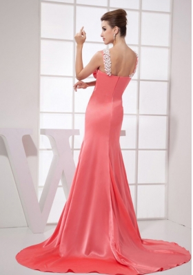 Watermelon Red Brush Train Straps 2013 Prom Dress with Beading