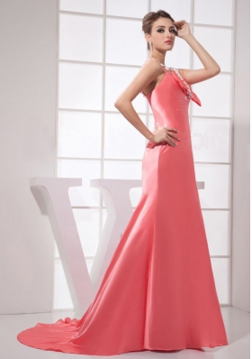 Watermelon Red Brush Train Straps 2013 Prom Dress with Beading