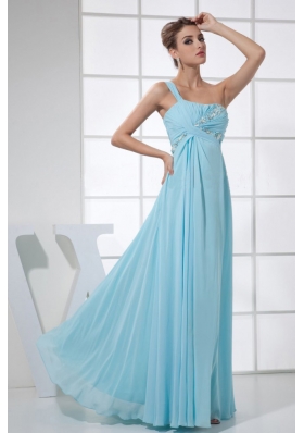 light Blue One Shoulder Beading and Ruch Floor-length Prom Dress