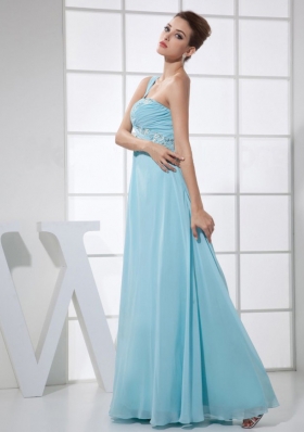 light Blue One Shoulder Beading and Ruch Floor-length Prom Dress