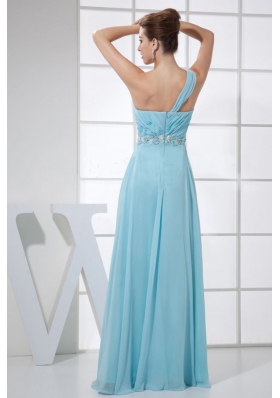 light Blue One Shoulder Beading and Ruch Floor-length Prom Dress