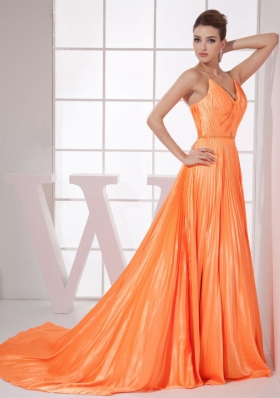 Orange Red Beading Pleat Brush Train Prom Dress