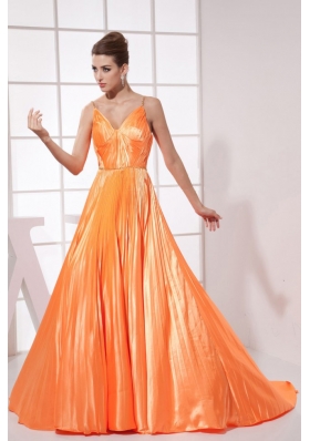 Orange Red Beading Pleat Brush Train Prom Dress