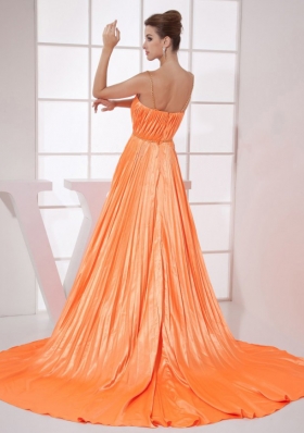 Orange Red Beading Pleat Brush Train Prom Dress