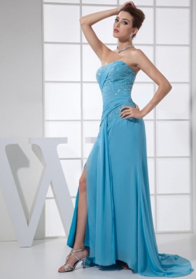 High Slit Beading Strapless Brush Train Blue Prom Dress